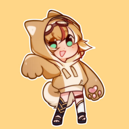 Cute chibi Xenios in a hoodie raising one hand and smiling